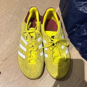 Adidas Bright Yellow Suede Shoes with White Stripes